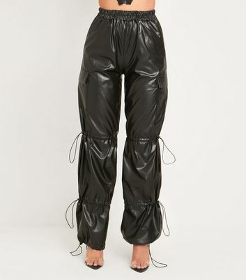 Missy Empire Black LeatherLook Parachute Trousers  New Look