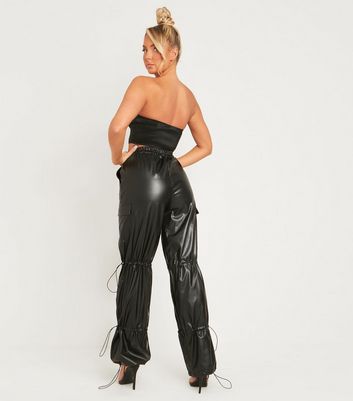 Missy Empire Black Leather-Look Parachute Trousers New Look