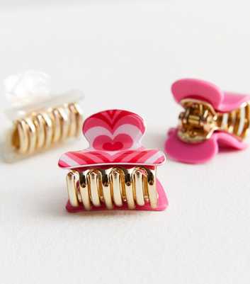 3 Pack Mid Pink Heart Resin Mini Bulldog Claw Clips