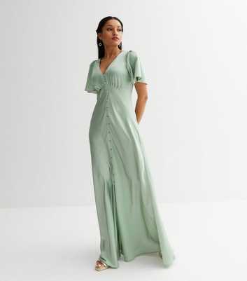 Petite Light Green Satin Flutter Sleeve Maxi Dress