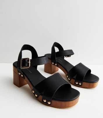 Black Stud Embellished Mid Block Heel Sandals