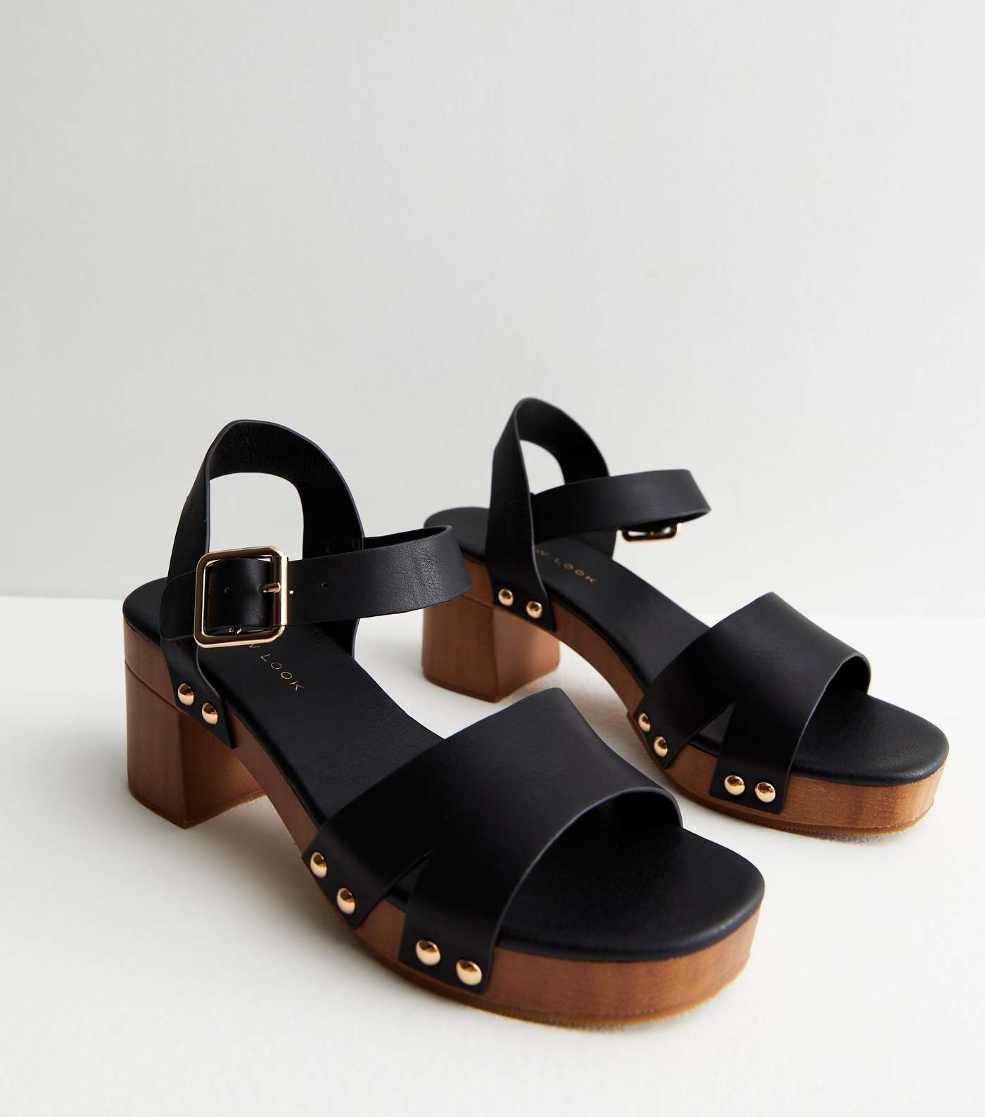 Black Stud Embellished Mid Block Heel Sandals