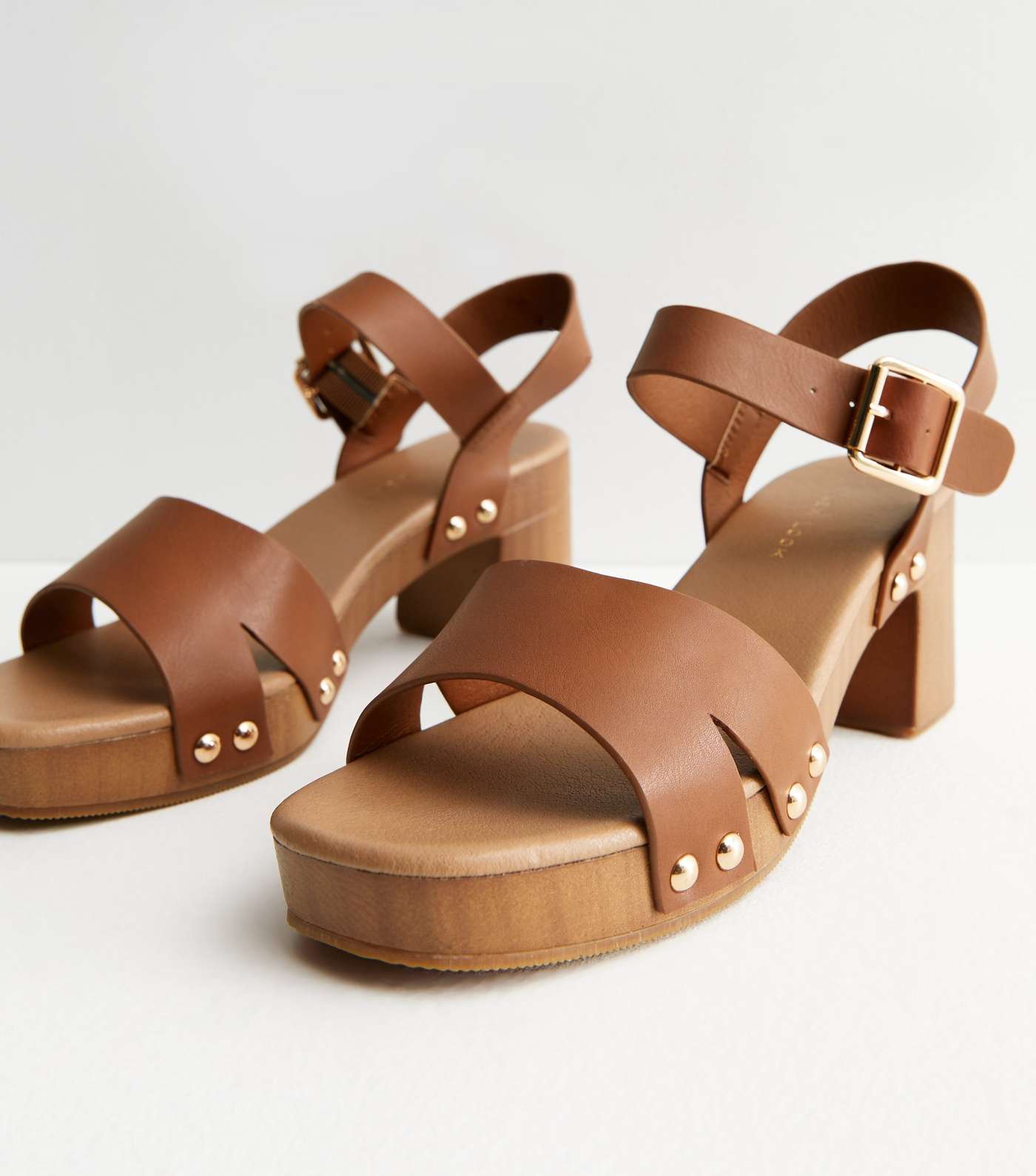 Tan Stud Embellished Mid Block Heel Sandals Image 3