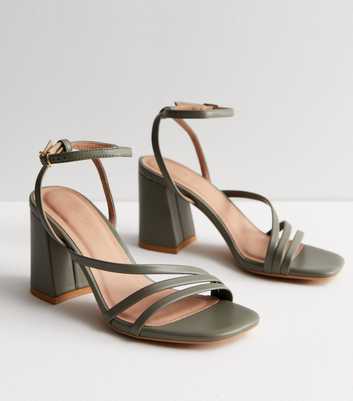 Khaki Leather-Look Strappy Block Heel Sandals