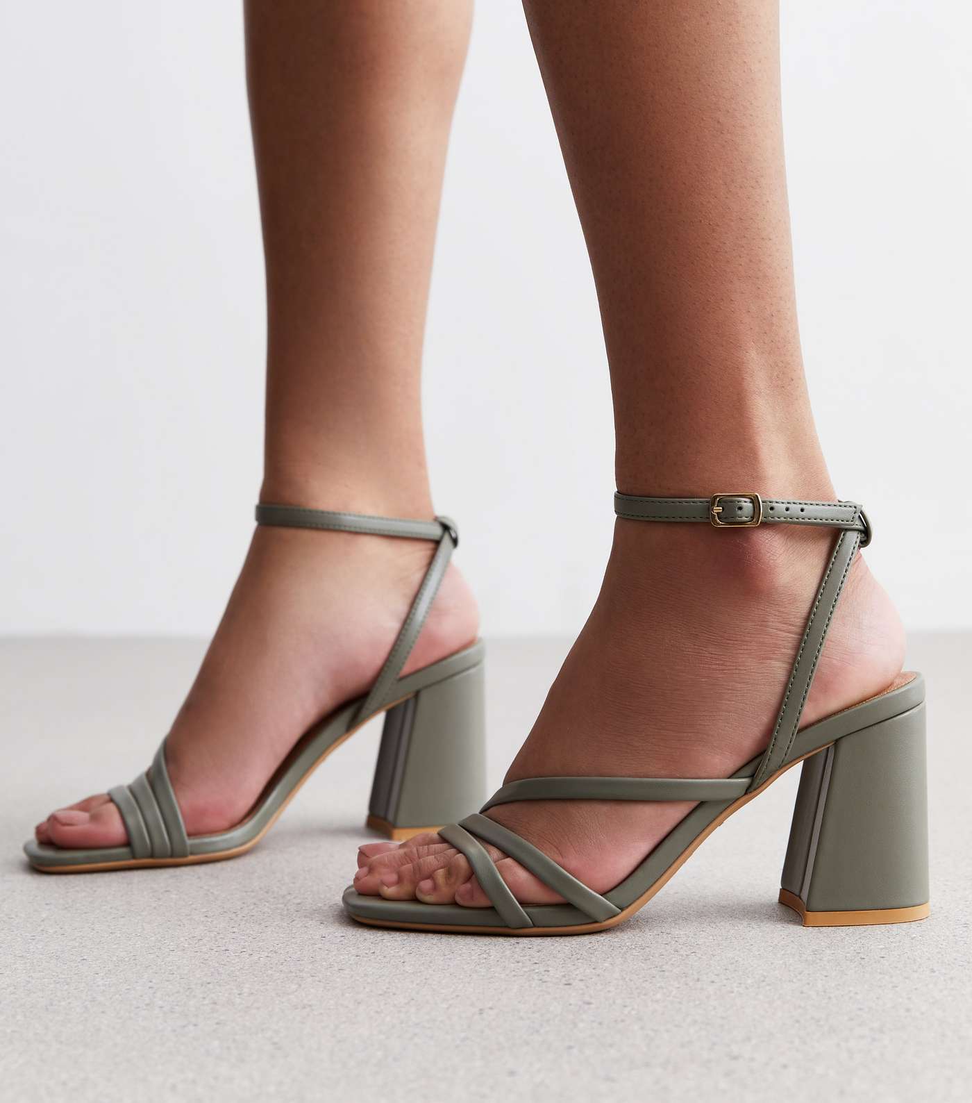 Khaki Leather-Look Strappy Block Heel Sandals Image 2