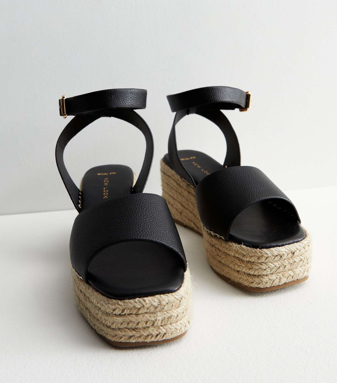 Wide Fit Black Leather-Look Espadrille Wedge Heel Sandals Image 3