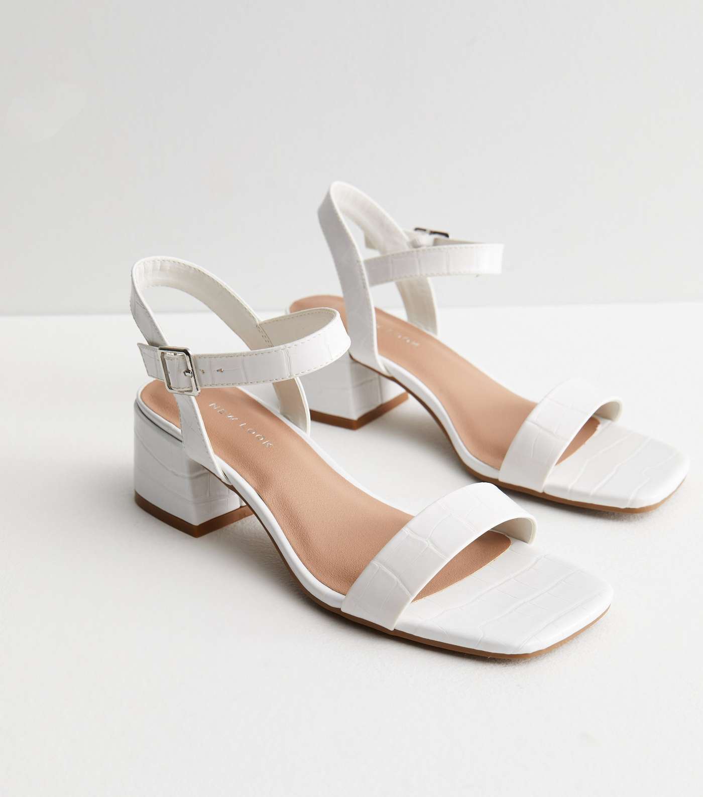 White Leather-Look 2 Part Mid Block Heel Sandals
