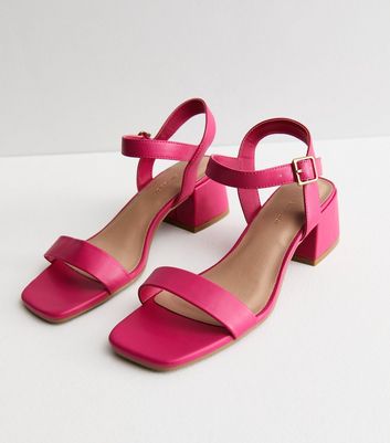 Bright Pink Leather-Look 2 Part Block Heel Sandals New Look