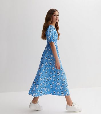 Girls Blue Floral Frill Shirred Midi Dress New Look