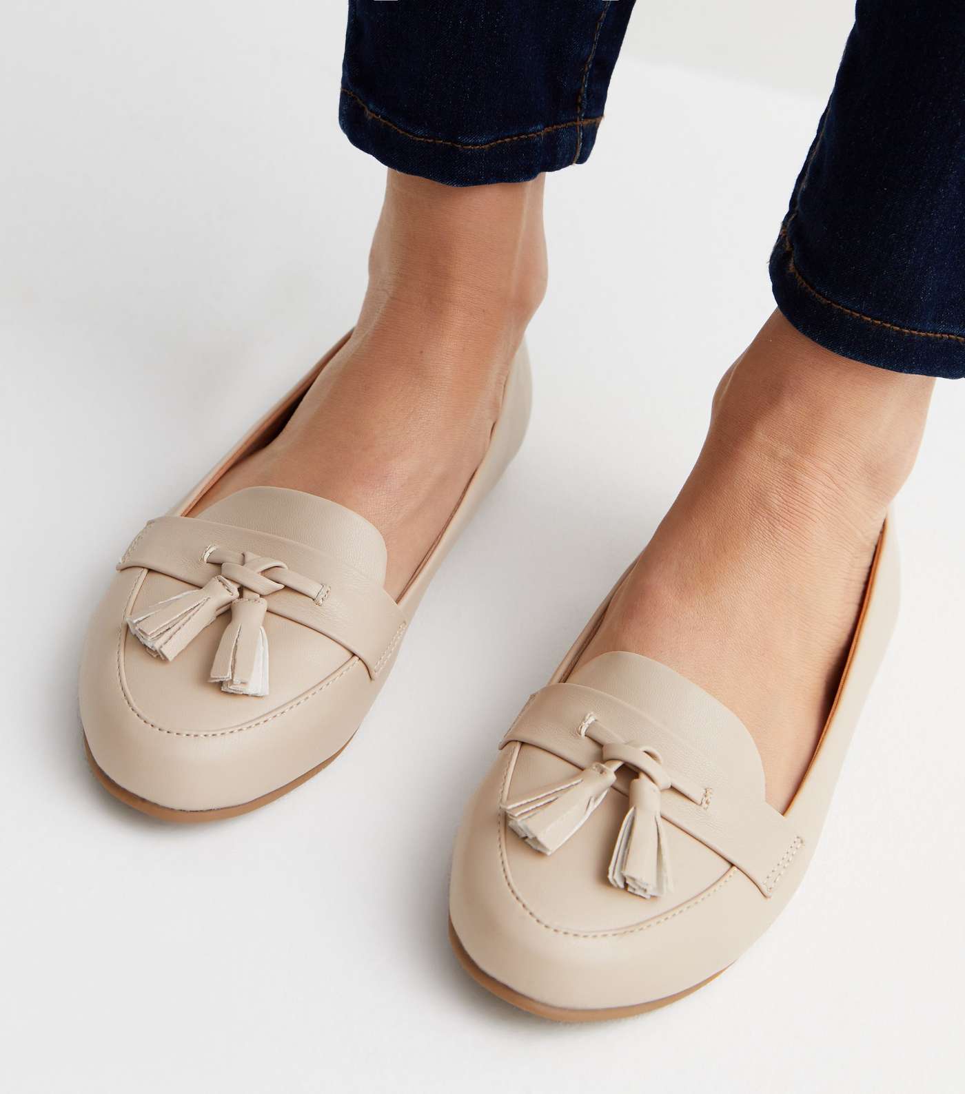 Off White Leather-Look Tassel Trim Loafers Image 2