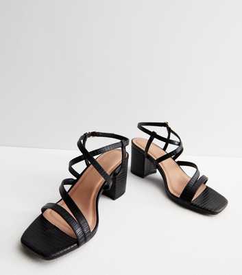 Wide Fit Black Leather-Look Multi Strap Block Heel Sandals