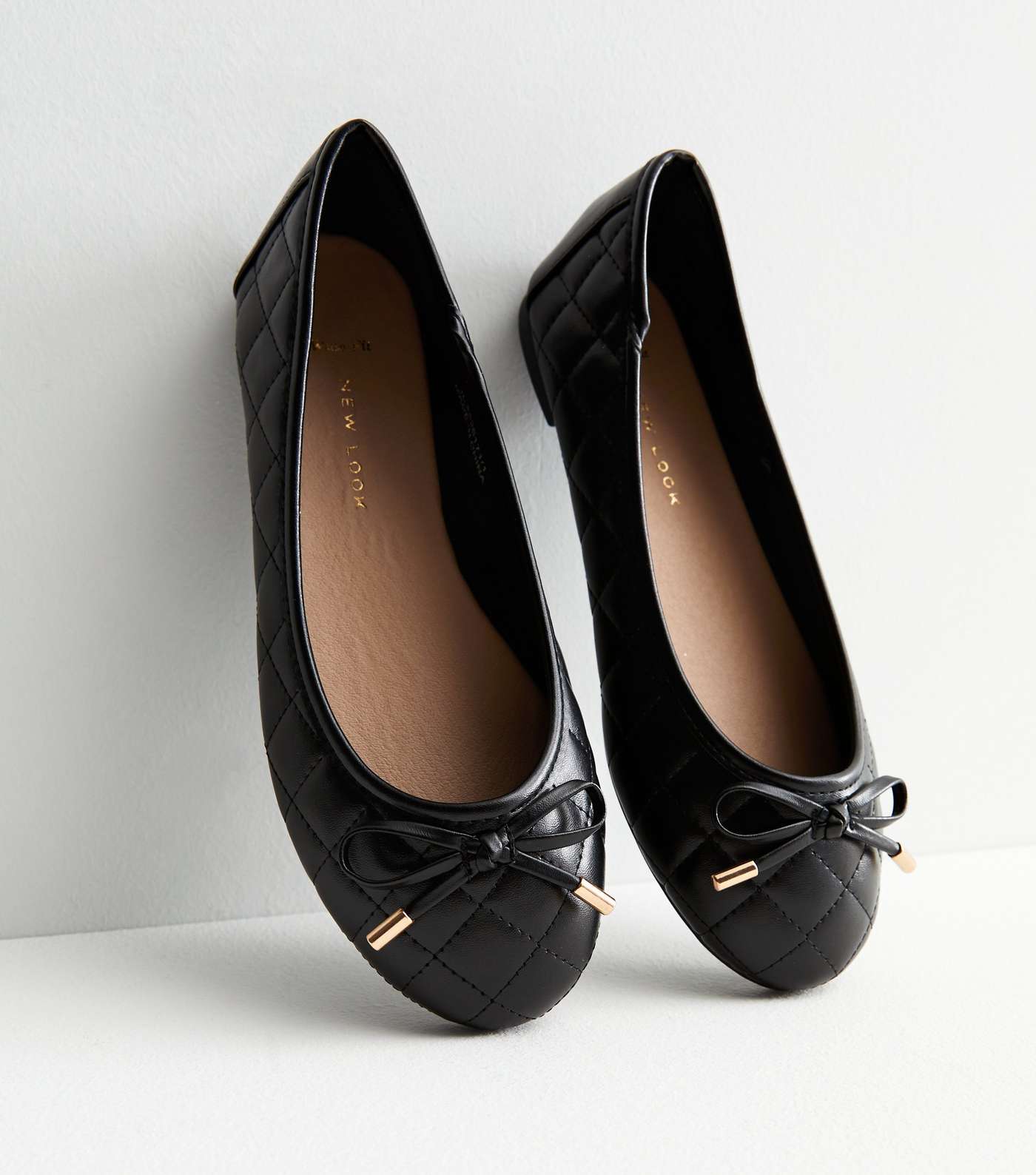 Wide Fit Black Quilted Leather-Look Bow Ballerina Pumps Image 3
