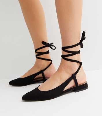 Black Suedette Ankle Tie Ballerina Pumps