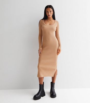 Petite Camel Ribbed Knit Crew Neck Long Sleeve Midi Bodycon Dress