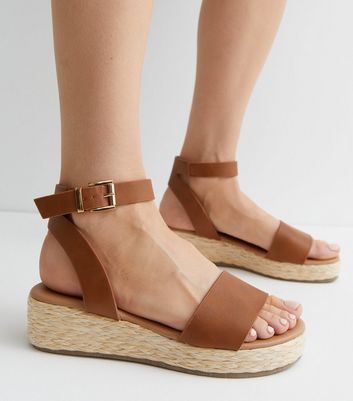 Tan Leather Look Espadrille 2 Part Flatform Sandals New Look