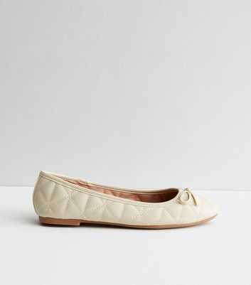 Off White Quilted Bow Ballerina Pumps