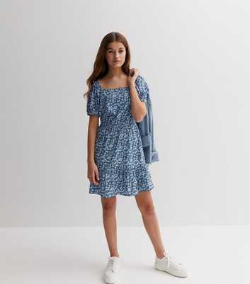 Girls Blue Ditsy Floral Shirred Square Neck Mini Dress