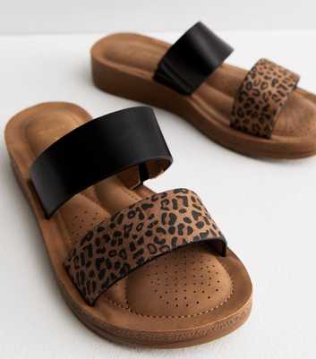 Wide Fit Stone Leopard Print Footbed Sliders