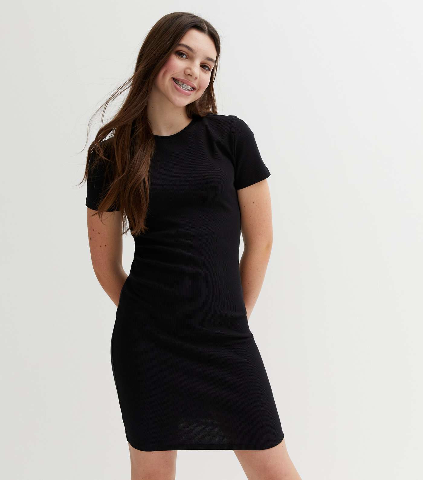 Girls Black Ribbed Jersey Cap Sleeve Mini Dress Image 2