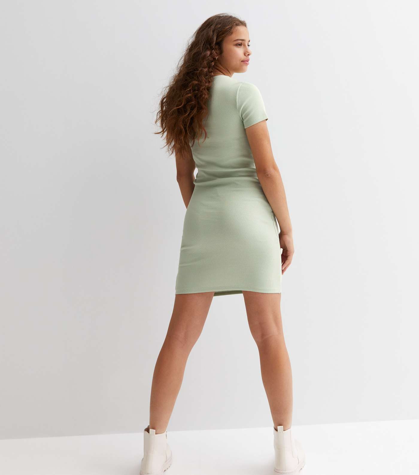 Girls Olive Ribbed Jersey Cap Sleeve Mini Dress Image 4