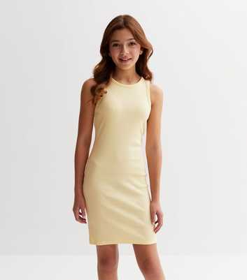 Girls Pale Yellow Ribbed Jersey Racer Mini Dress