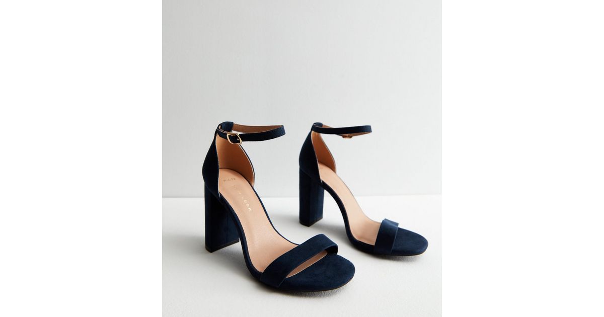 Wide Fit Navy Suedette Part Block Heel Sandals New Look