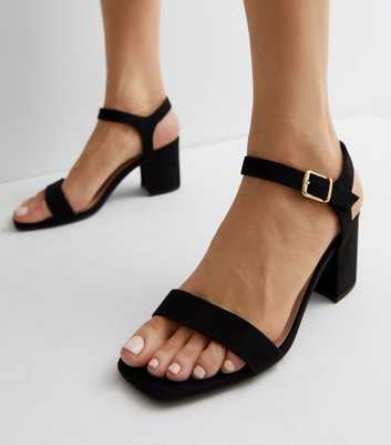Wide Fit Black Suedette 2 Part Block Heel Sandals