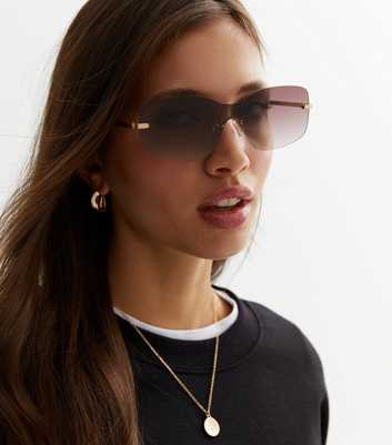 Gold Rimless Rectangle Frame Sunglasses