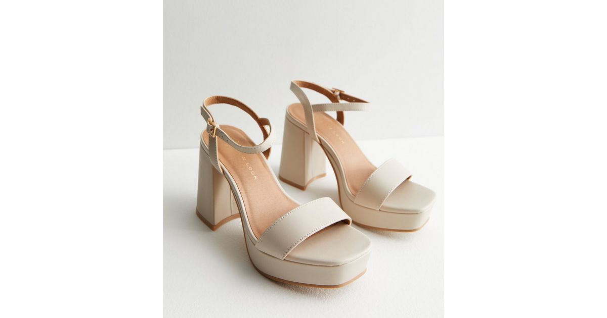 Wide Fit Off White Leather-Look 2 Part Platform Block Heel Sandals | New Look