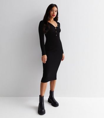 Petite Black Ribbed Knit V Neck Ruched Popper Midi Dress