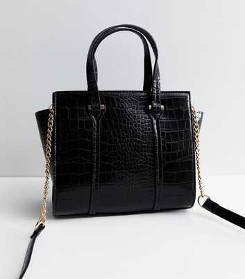 Black Faux Croc Chain Cross Body Tote Bag