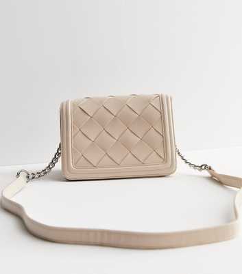 Cream Leather-Look Woven Cross Body Bag
