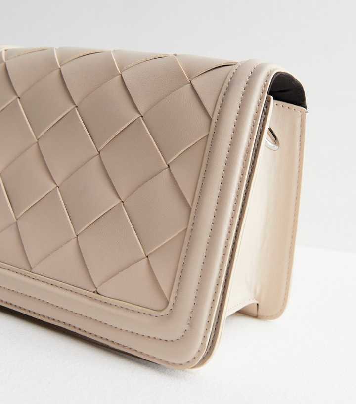 Cream Leather-Look Woven Cross Body Bag