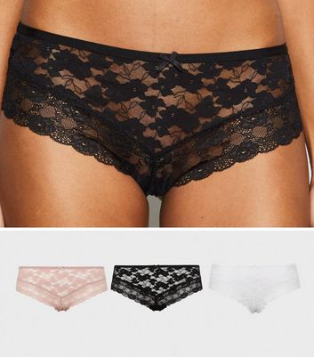 3 Pack Black Tan and White Lace Brazilian Briefs New Look