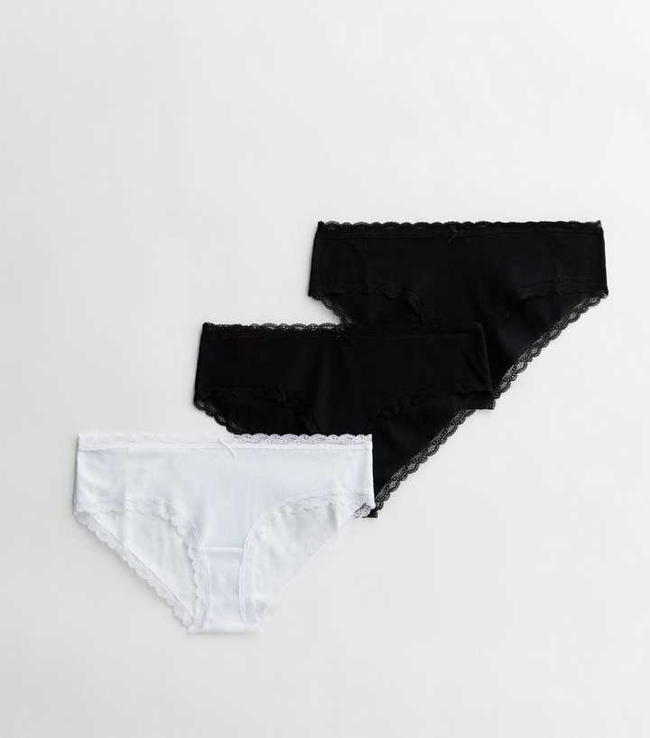 3 Pack Black and White Ribbed Cotton Lace Trim Short Briefs