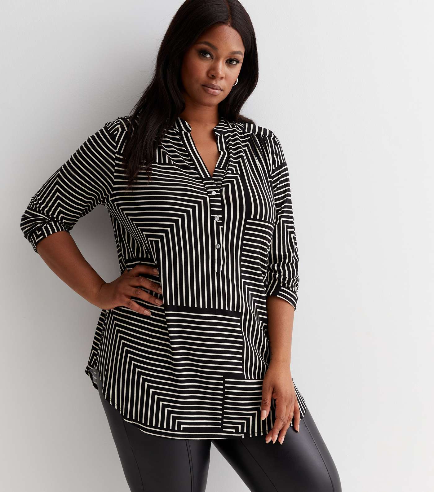 Curves Black Abstract Stripe 3/4 Sleeve Button Front Shirt