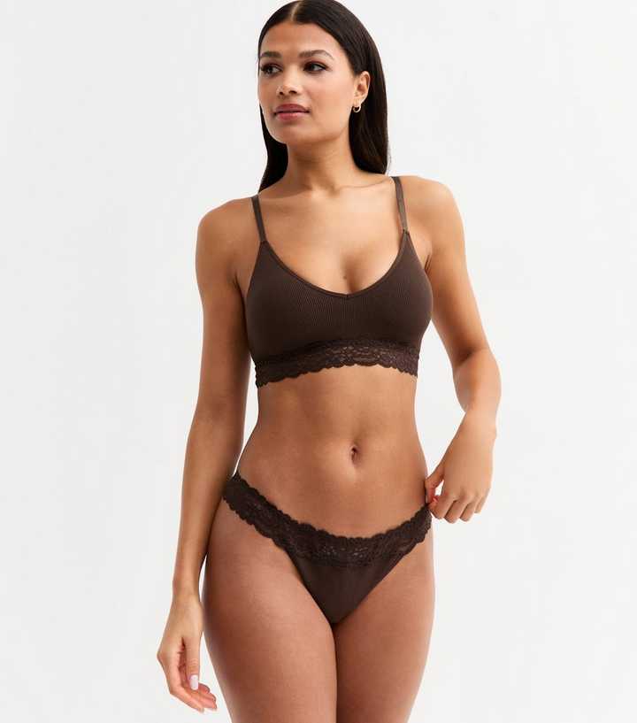 Brown Ribbed Seamless Lace Trim Thong