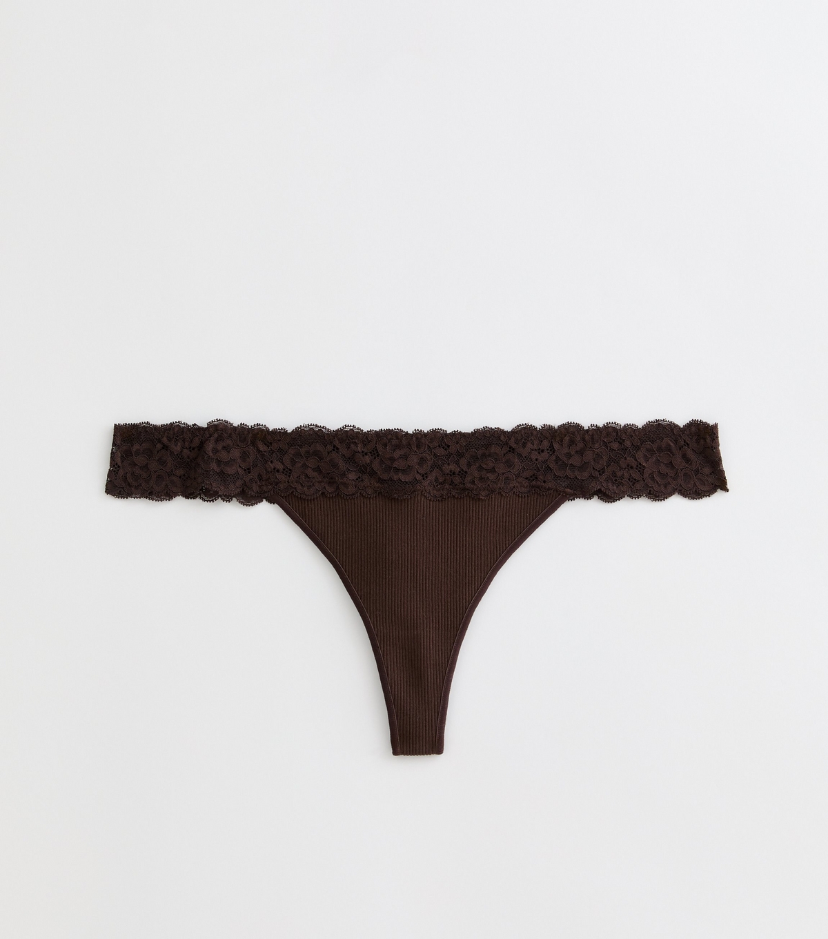 Women's Brown Ribbed Seamless Lace Trim Thong New Look