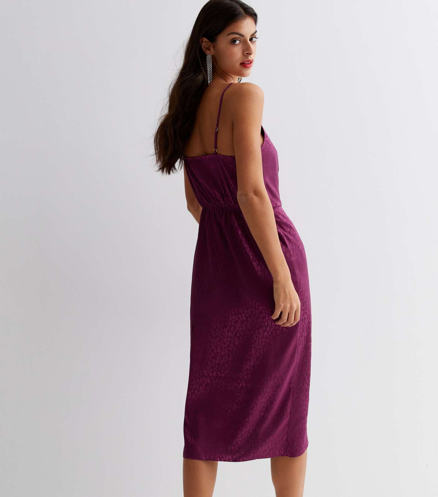 Dark Purple Satin Jacquard Strappy Midi Wrap Dress Image 4