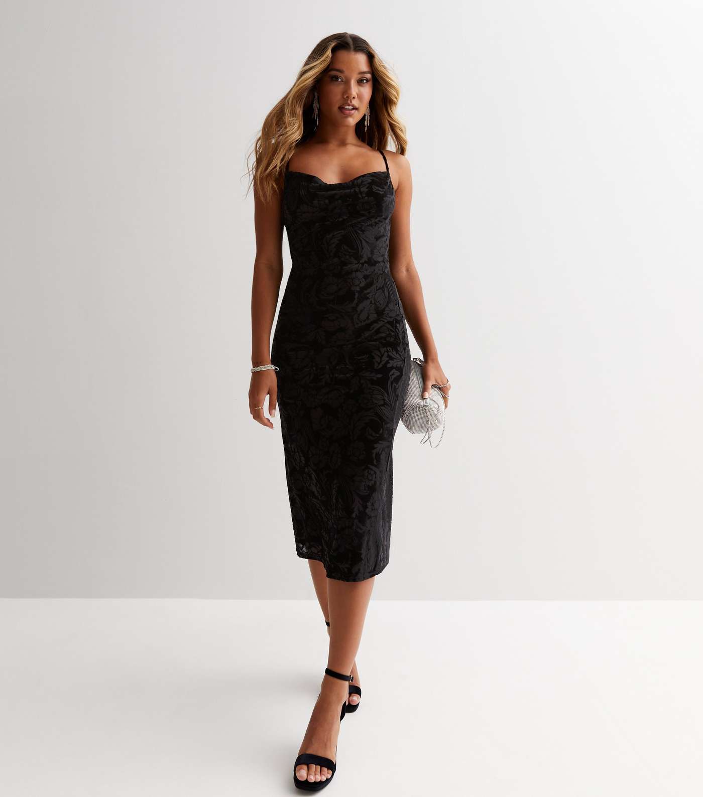 Black Lace Strappy Bodycon Midi Dress Image 3