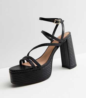 Black Faux Croc Strappy Platform Block Heel Sandals