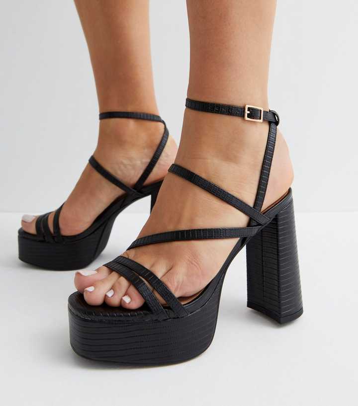 Black Faux Croc Strappy Platform Block Heel Sandals | New Look