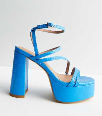 Bright Blue Faux Croc Strappy Platform Block Heel Sandals