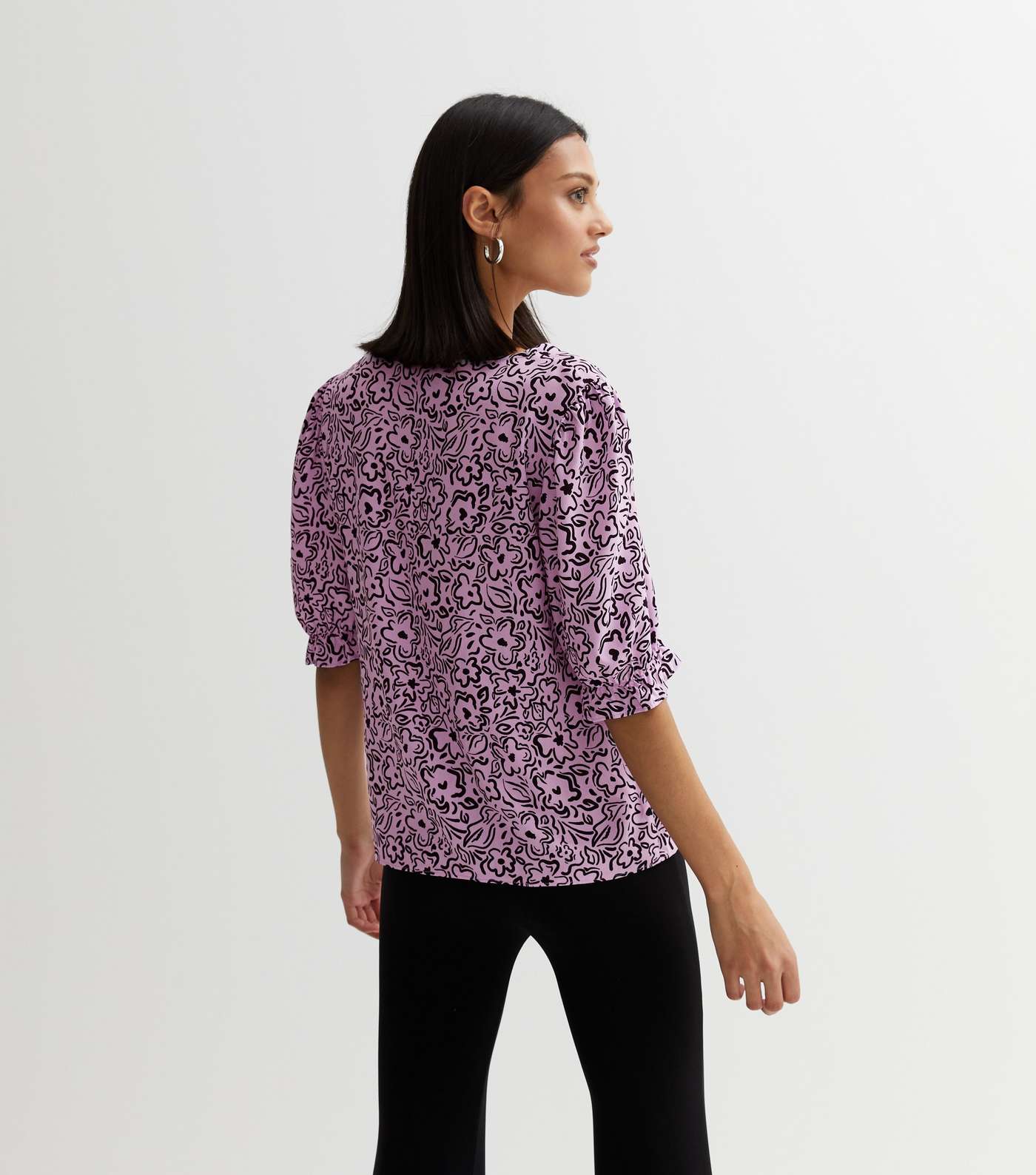 Lilac Floral Doodle Print Puff Sleeve Blouse Image 4