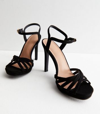 Black Suedette 2 Part Strappy Platform Stiletto Heel Sandals New Look