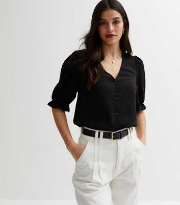 Black Frill Sleeve Button Front Blouse
