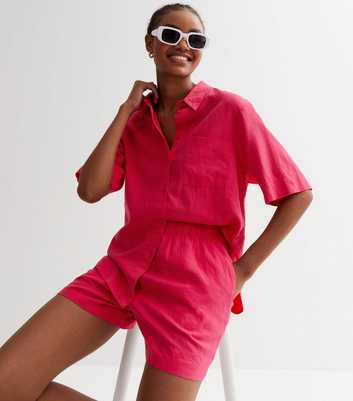 Pink Linen Blend Short Sleeve Shirt