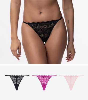 Dorina 3 Pack Black and Pink Scallop Lace Thongs
