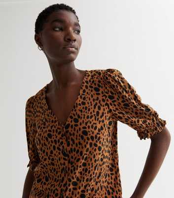 Brown Leopard Print Frill Puff Sleeve Blouse