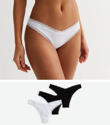 3 Pack Black and White Ribbed Cotton V Front Lace Trim Thongs